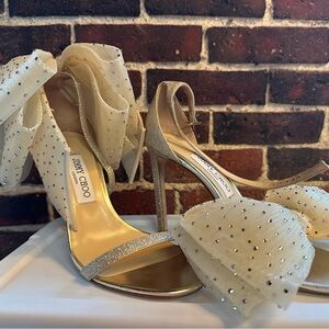 Jimmy Choo Aveline Glittering Gold Heels with Bow